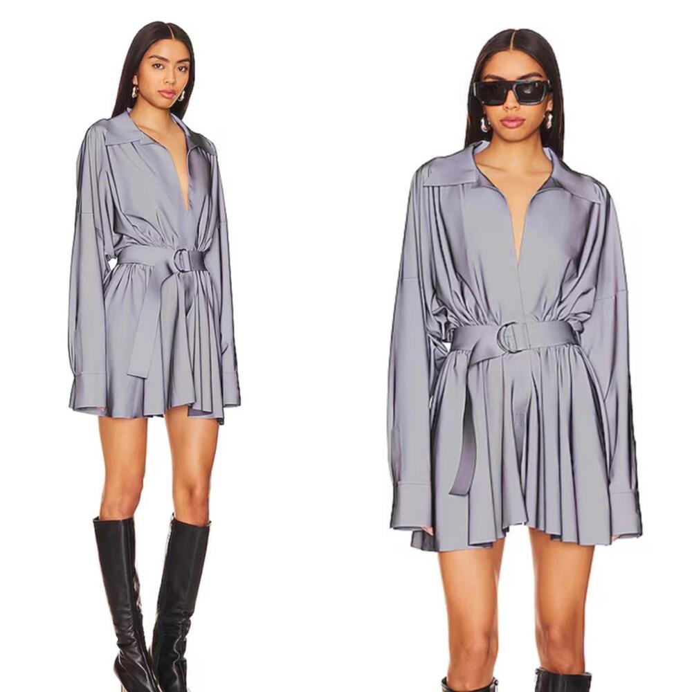 Norma kamali Super Oversized Shirt Flared Mini Dress in Grey